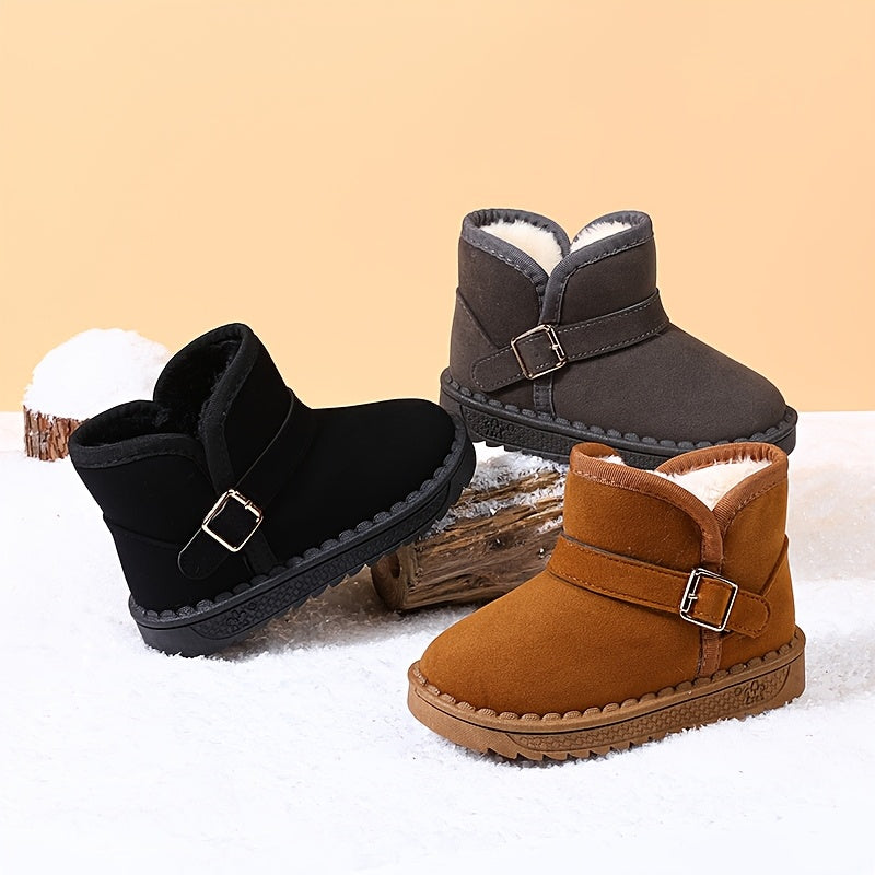 Children's winter boots with cozy fleece lining, warm and breathable, slip-on style with metal buckle straps, available in black and brown for boys and girls.