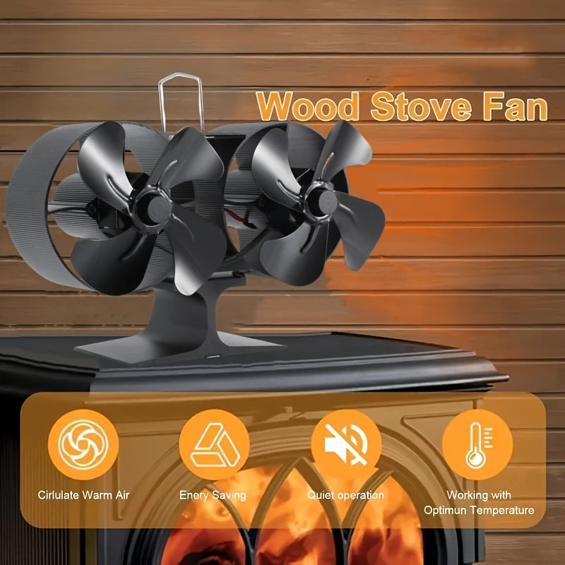 Aluminum Stove Fan with Dual Heads - 8 Blades, Ultra Quiet Heat Distribution, No Electricity Needed, Polished Design for Better Airflow & Wood Stove Efficiency, Includes Stove Top Guards