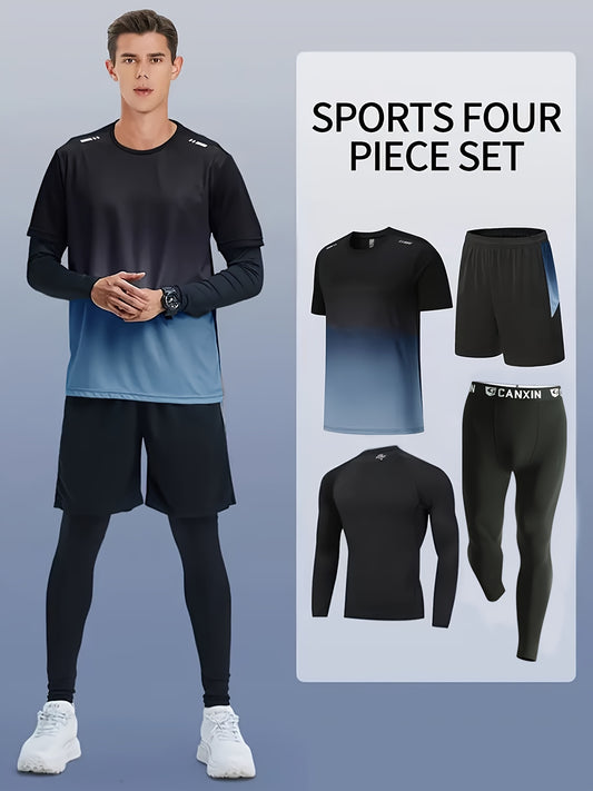 Men's Fitness Suit with loose short-sleeved shorts, quick-drying training, tight long-sleeved trousers for outdoor activities.