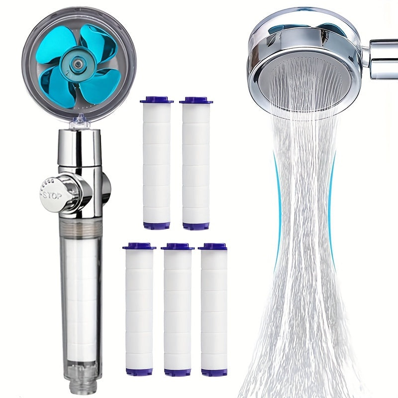 Turbocharged handheld shower head with high pressure and 5 filters for bathroom use.