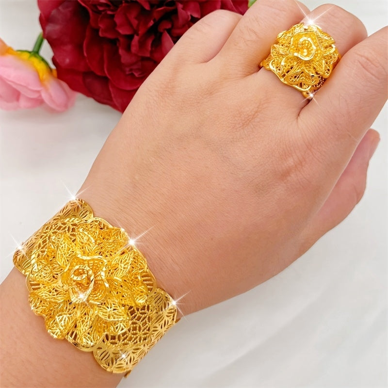 Exquisite Vintage Flower Hollow Out Open Cuff Bracelet and Ring Set, Luxuriously Plated in 24K Gold for Women. Elegant Copper Floral Jewelry Perfect for Wedding Parties, Adjustable Middle Eastern Dubai Style with No Stones. Ideal for All Seasons, Makes a