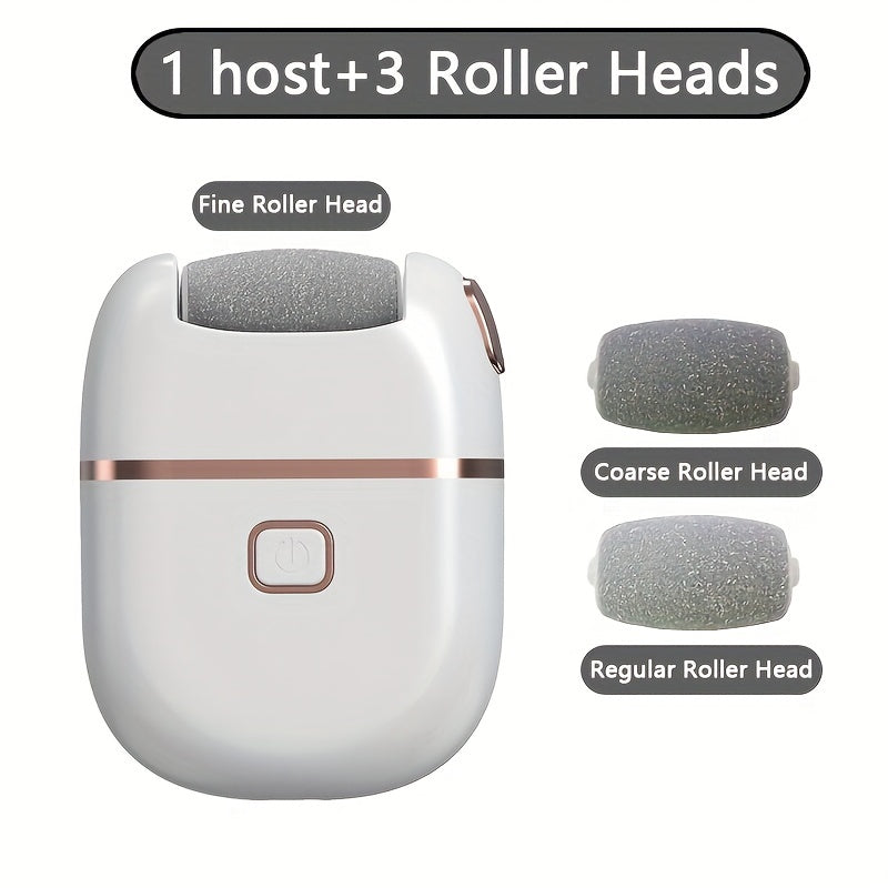 USB rechargeable electric foot file with 3 interchangeable heads for smooth feet, faux leather polishing, and cracked skin care.