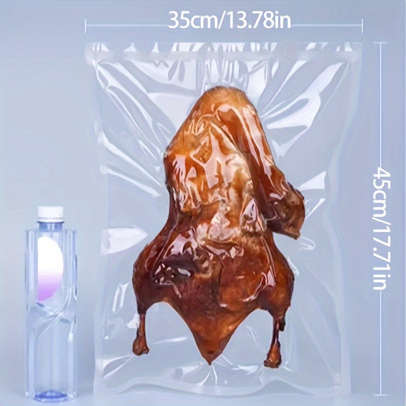 100 vacuum sealed food bags made of silk and transparent polyester nylon material. These bags are designed for vacuum compression and plastic sealing to keep food fresh. They have a glossy commercial finish.