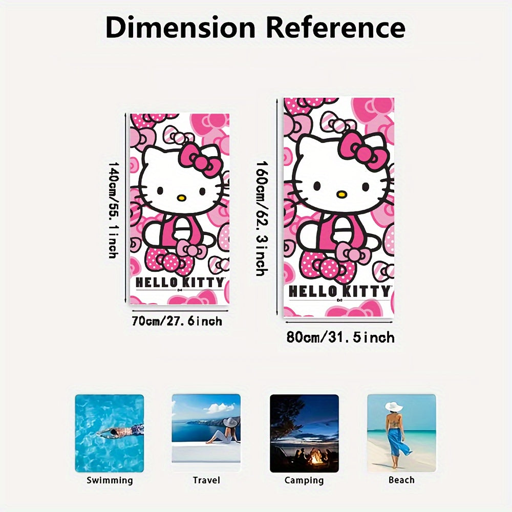 Hello Kitty microfiber beach towel with cartoon theme, hand wash only, quick dry and absorbent, Hello Kitty pattern, 250gsm.