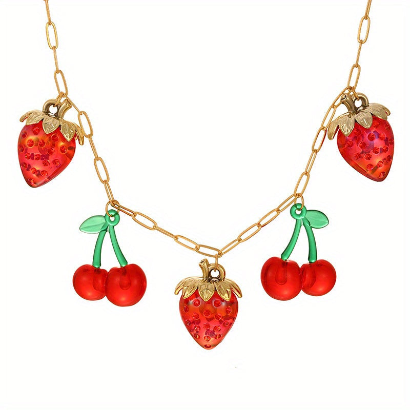 Y2K-Inspired Elegant Resin Strawberry & Cherry Pendant Necklace with Vibrant Red and Golden Accents - Great for Ladies & Sisters, Perfect for Parties & Festive Events