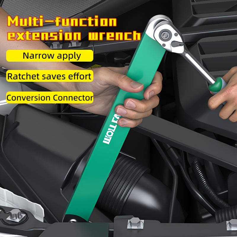 WOLLFAN 39cm Multi-Functional Extension Wrench with Ratchet Conversion and Quick Release Socket for Car Maintenance. Made of durable material.