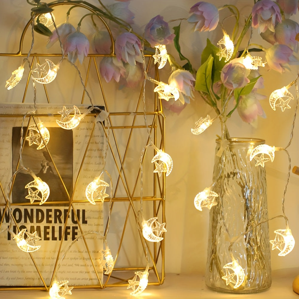 LED string lights with classic star and moon design, battery operated for indoor decor, ideal for bedrooms, walls, Ramadan, Eid, weddings, and parties.