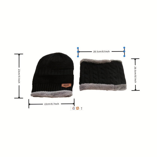 Men's Winter Outdoor Pullover Plaid Warm Knitted Hat with Plush Thickened Scarf, 1 piece