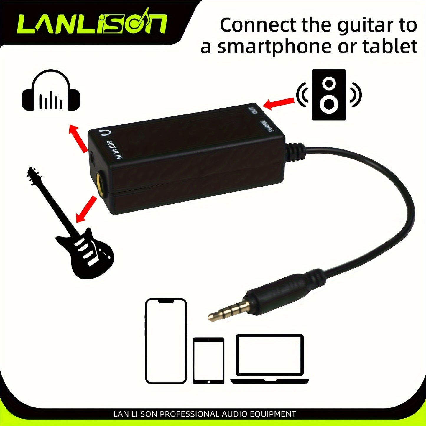 Lanlison Audio Adapter connects various instruments to smartphone for recording, effects, and conversion.