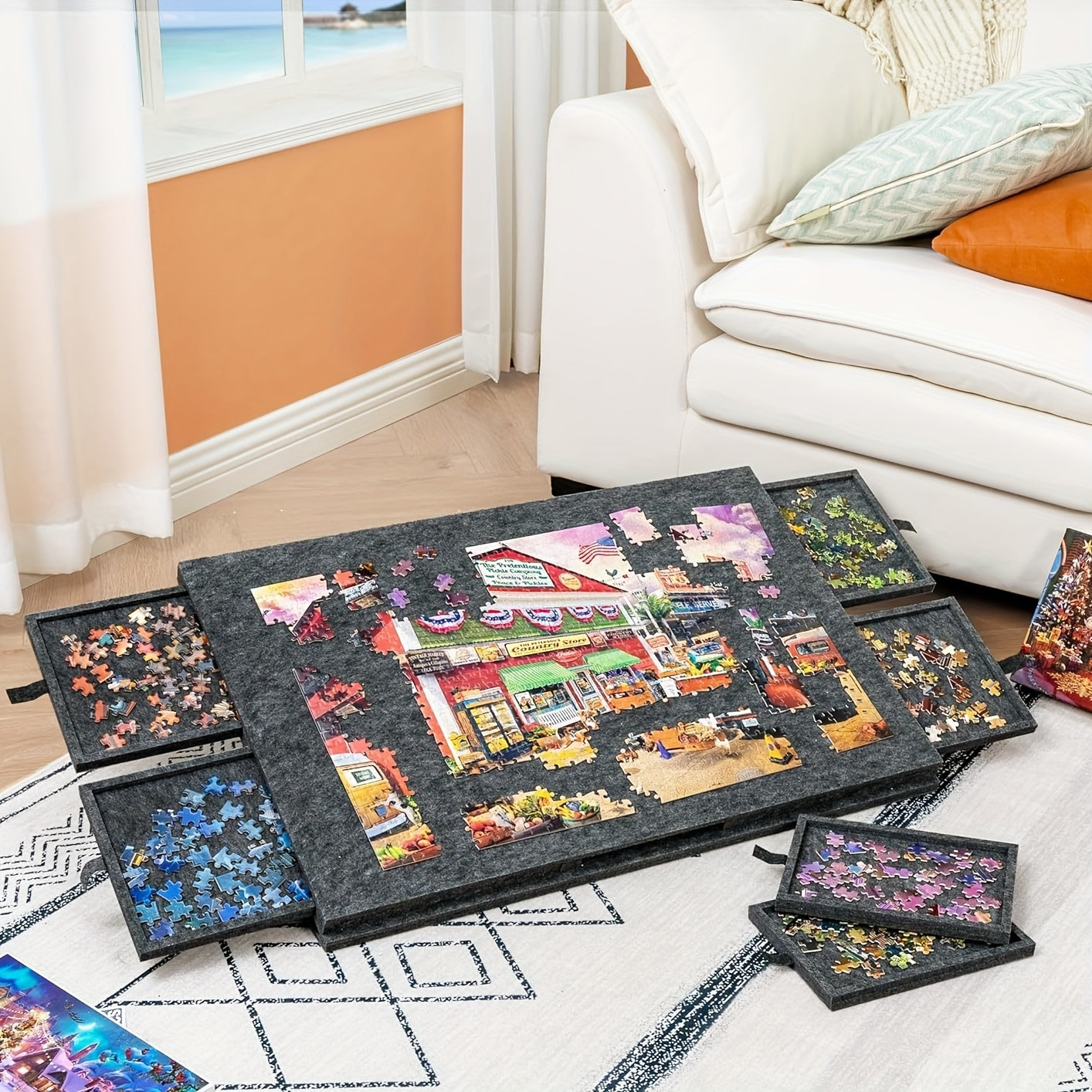 Puzzle table with stand, 6 drawers, portable design, sorting board, and integrated felt surface for children.