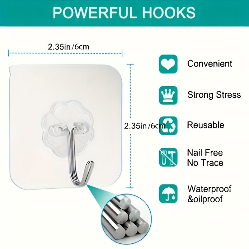 10 Easy Install No-Damage Wall Hooks - Self-Adhesive, Punch-Free Plastic Hooks for various items - Ideal for storage in Bathroom, Bedroom, Office, Kitchen.