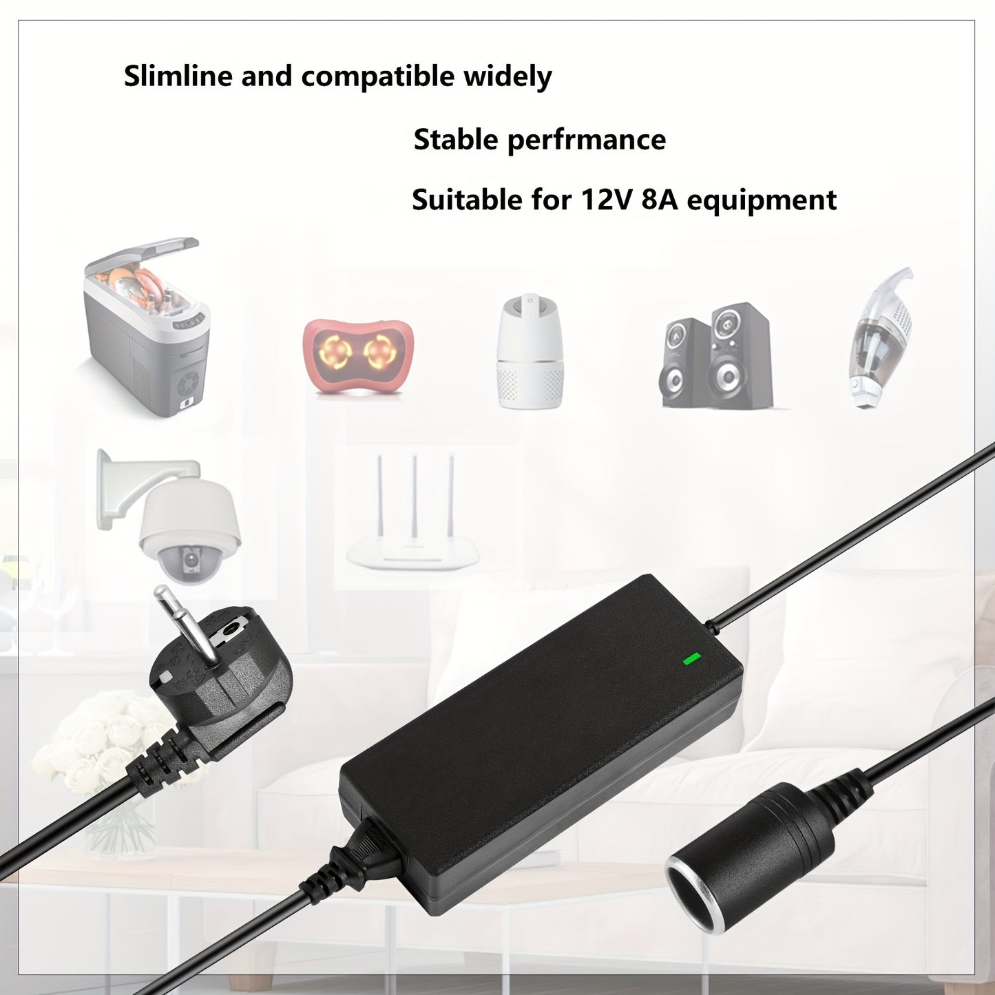 Shentian 96W AC to DC Power Adapter with Cigarette Lighter Socket, European Plug and Green LED Indicator - Perfect for Upgrading Vehicle Electronics.