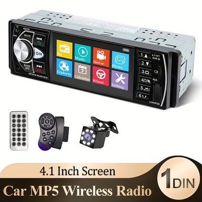 Portable car multimedia video player with car radio supporting 14 languages, USB/AUX/FM, remote control, and no battery.