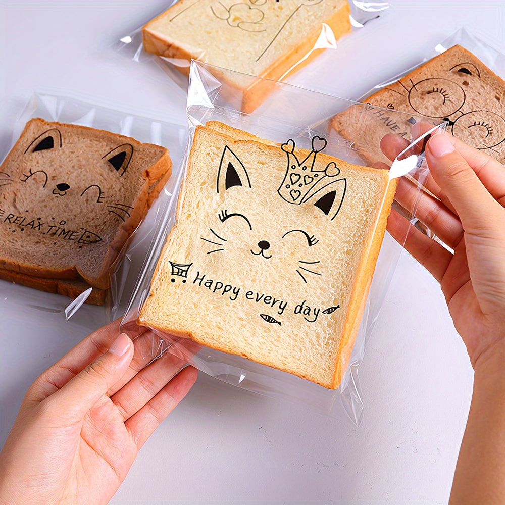 Pack of 100 adorable cartoon cat self-sealing bags, featuring transparent plastic packaging perfect for party favors. No power required, simply sealable treat bags ideal for any occasion.