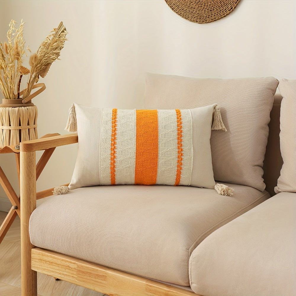 One piece Bohemian Chic Fringe Pillow Cover with Geometric Pattern in Orange, Beige & White. Made from Stain-Resistant Polyester with Zippered Square/Rectangular Cushion Case for Living Room Sofa Decor. Machine Washable, perfect for Throw Pillows on