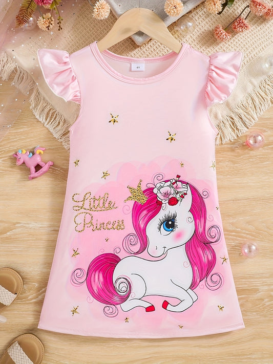 Girls' cute unicorn dress with flutter trim, perfect for spring and summer outings