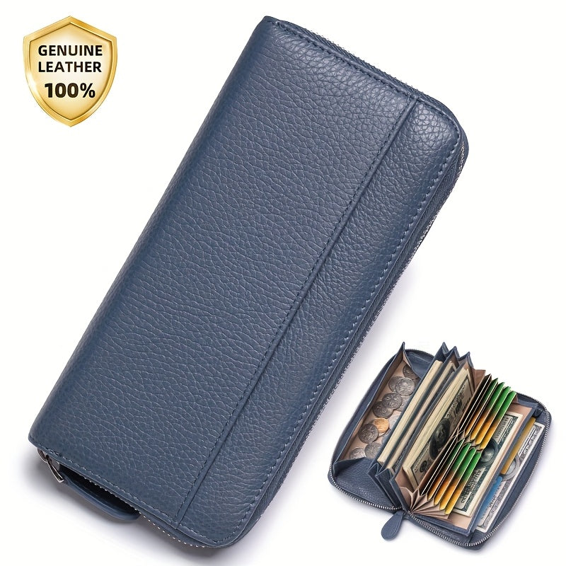 Women's Genuine Leather RFID Anti-theft Long Zipper Wallet with 19 card slots, 1 coin pocket, and 5 cash slots.