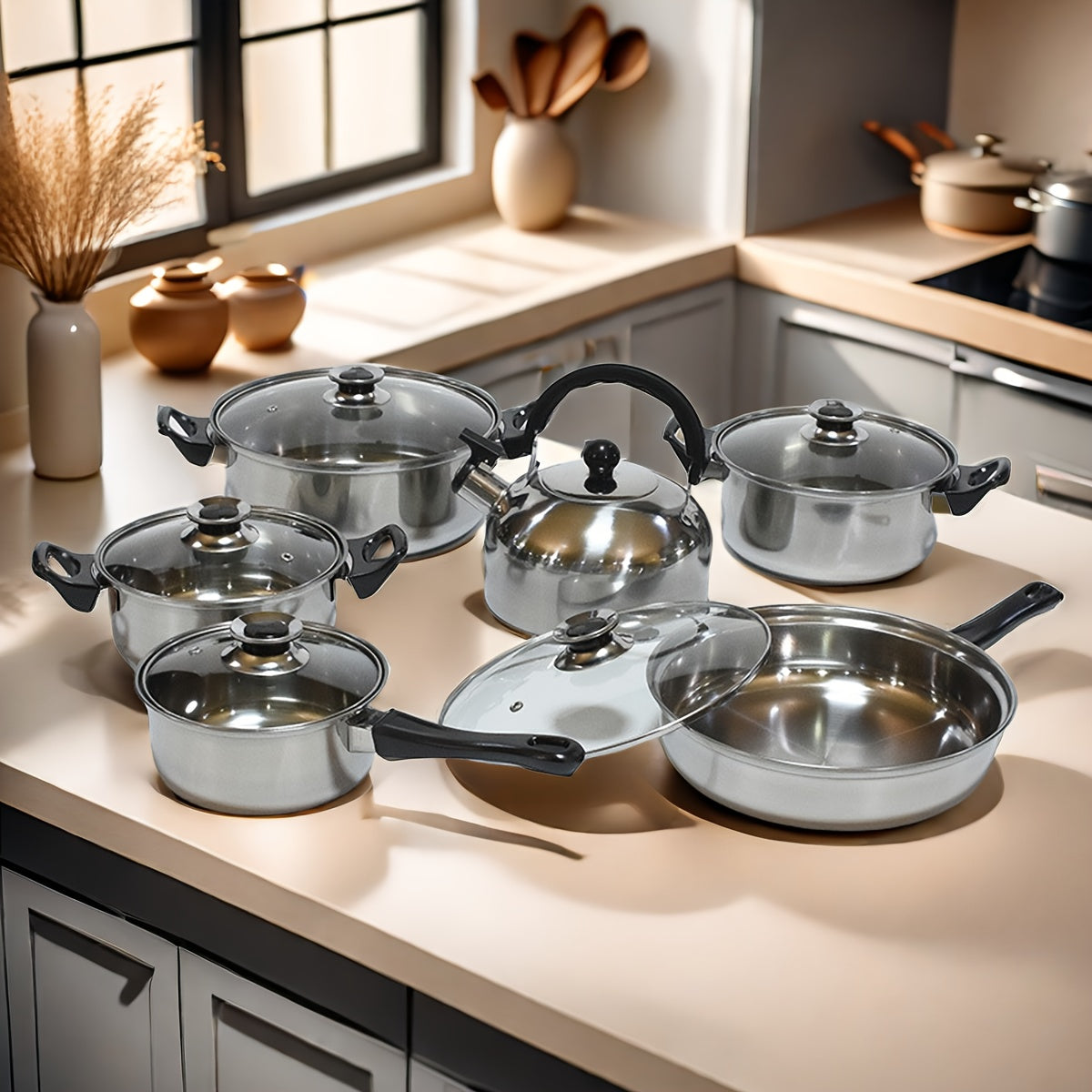 Stainless Steel Cookware Set - Includes 12pcs of Versatile, Long-lasting, and Easy-to-Clean Kitchen Pots and Pans with Lids. Set comprises of Saucepan, Frying Pan, Milk Pot, and Kettle, perfect for Home and Restaurant Cooking Needs.