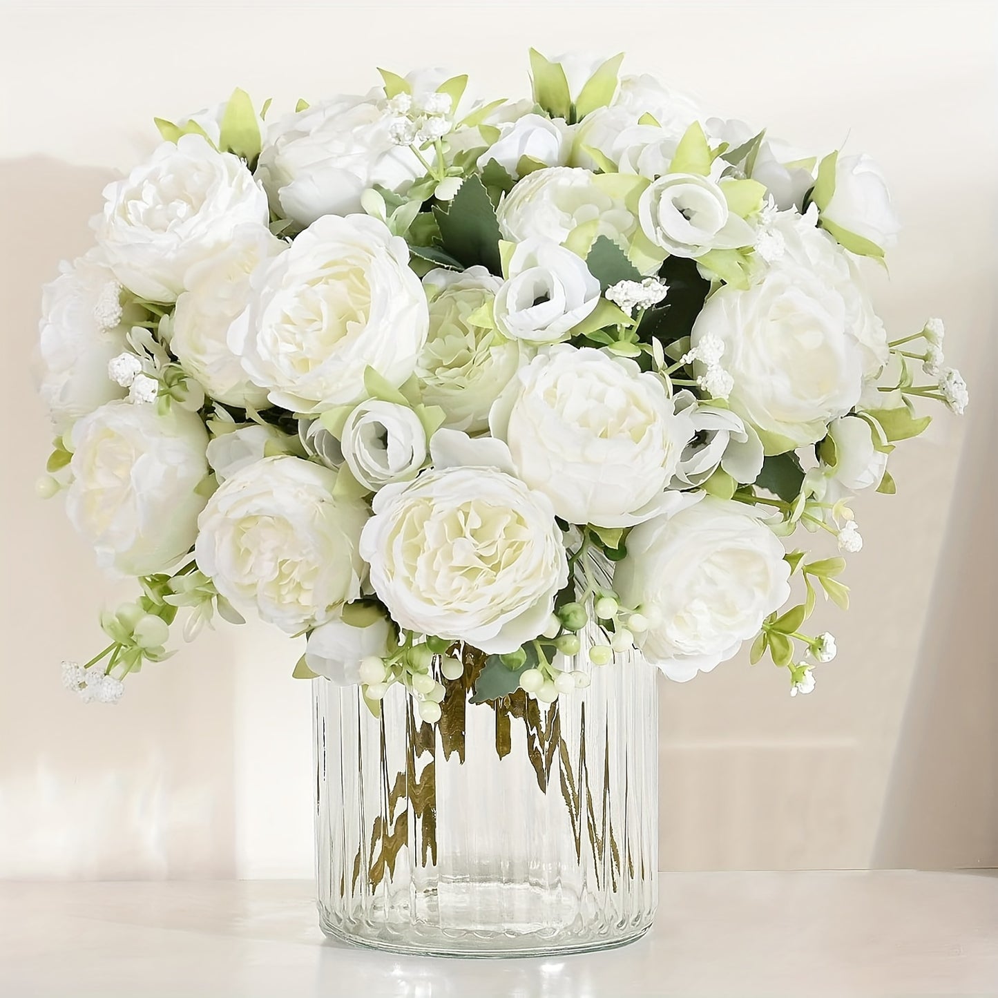 White artificial peonies bouquet for all-season home decoration, perfect for various occasions - no container included.