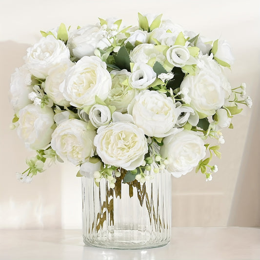 White artificial peonies bouquet for all-season home decoration, perfect for various occasions - no container included.