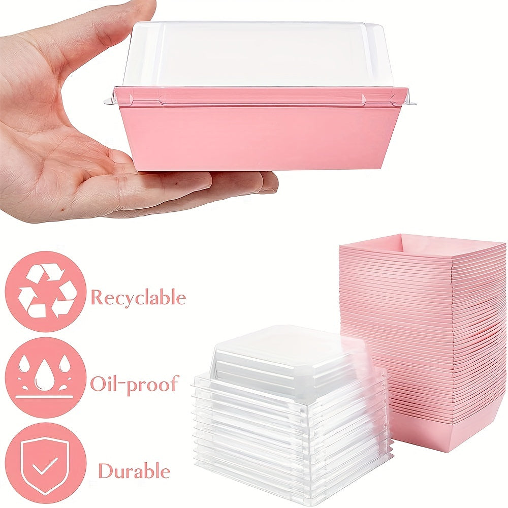 50 pieces of paper charcuterie boxes with clear secure lids, square dessert containers in pink bakery boxes ideal for storing strawberries, cookies, cake slices, brownies, and cinnamon rolls. These kitchen accessories are perfect for baking supplies