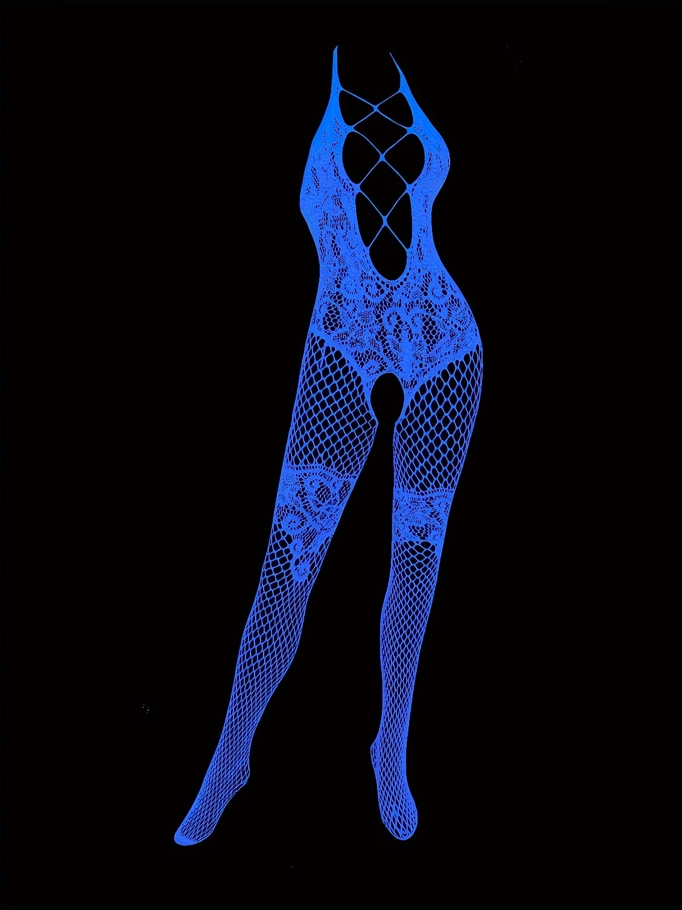 Neon glow-in-the-dark fishnet bodystocking for women, perfect for Y2K clubwear.