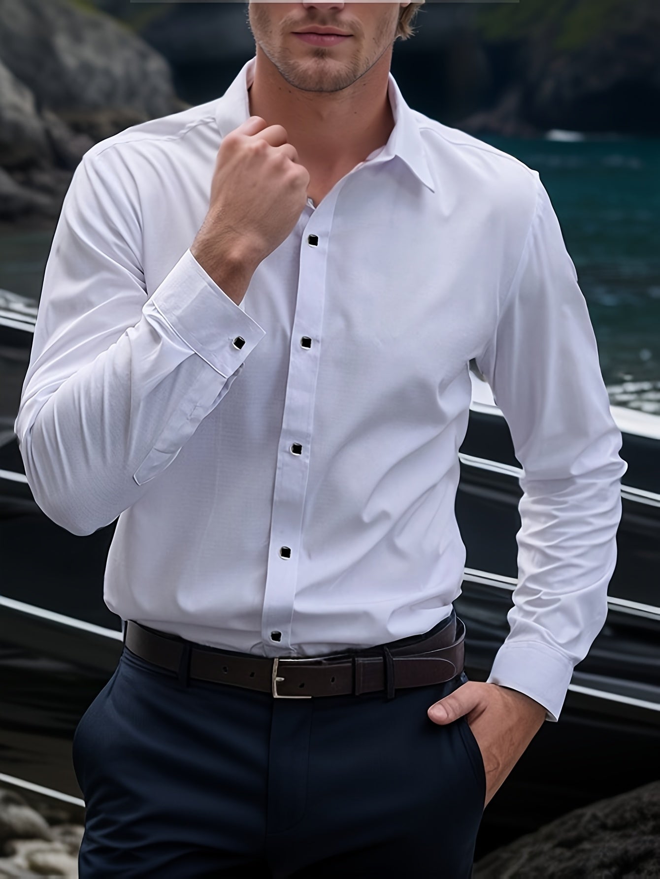 Men's black long sleeve dress shirt with geometric pattern, slim fit, button-up, all-season wear, lapel collar. Suitable for formal and casual events.