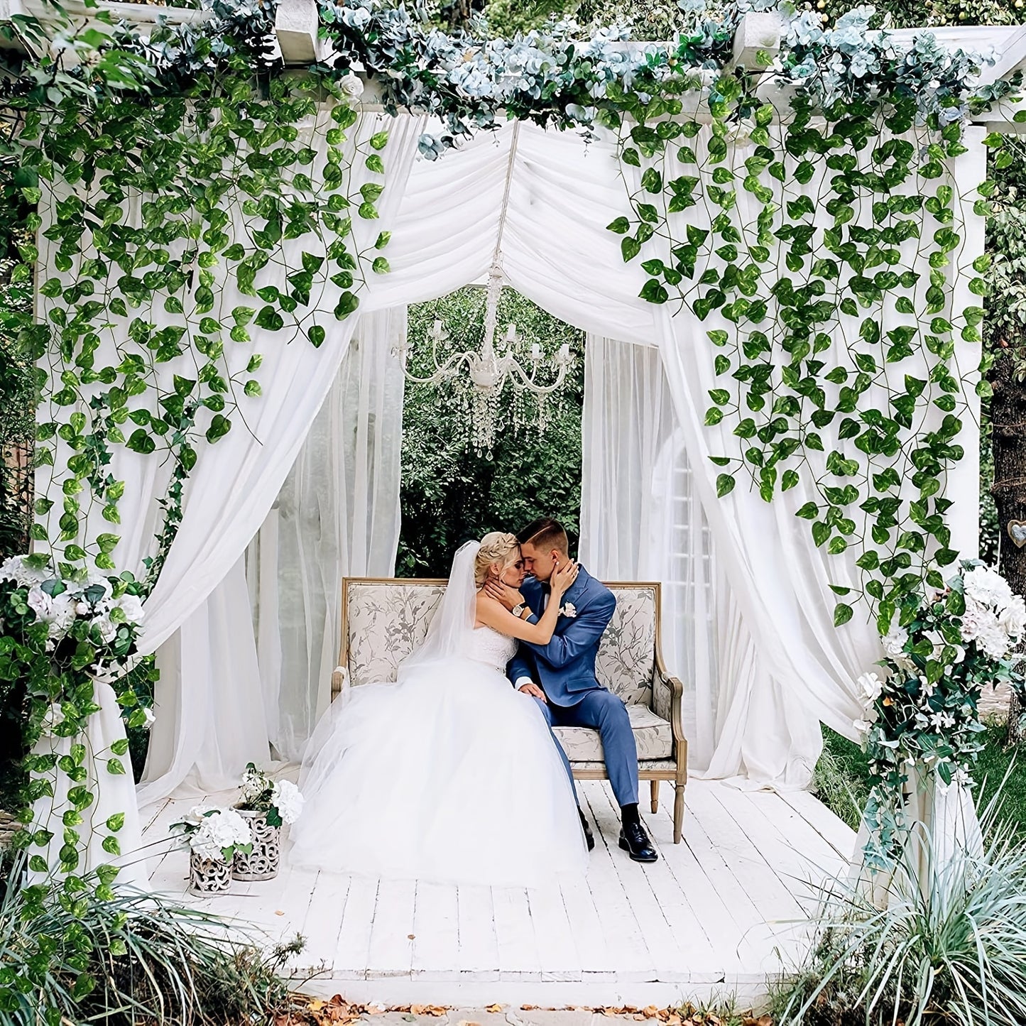 Artificial ivy garland pack for room or wedding decor with hanging vines and green leaves.