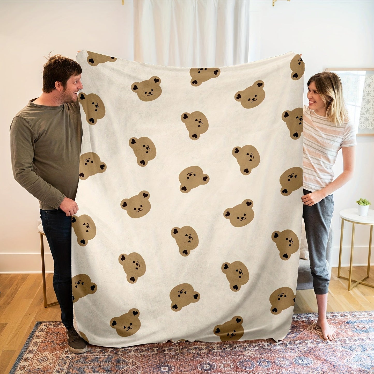 Soft and cozy 1pc Cartoon Bear Print Flannel Blanket perfect for travel, sofa, bed, office, and home decor. Ideal as a birthday or holiday gift for adults, suitable for use all season long.