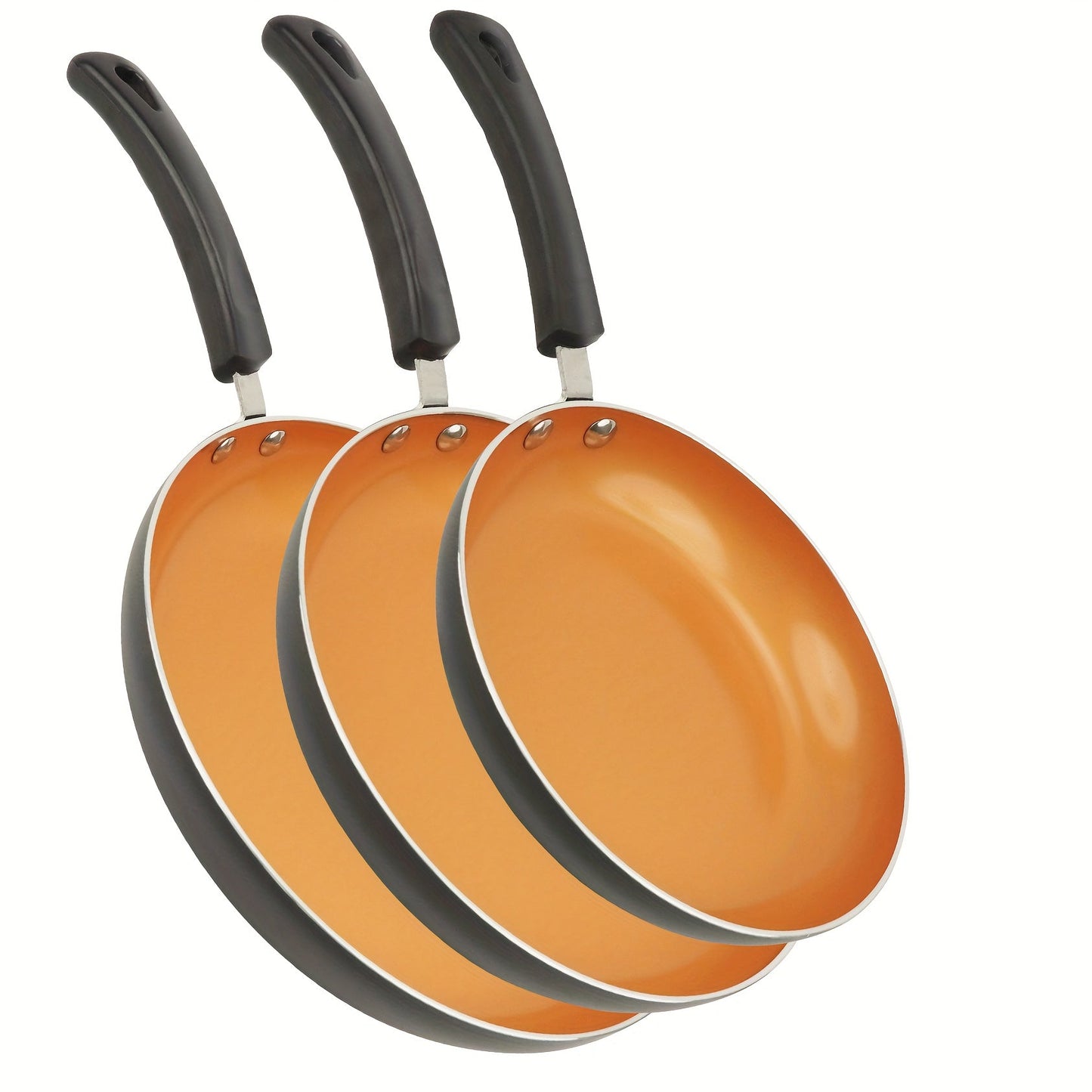 Set of 3 nonstick frying pans with golden ceramic coating, suitable for induction cooktops. Includes pans in sizes 20.32cm, 24.13cm, and 27.94cm for cooking omelettes and frying eggs. PFOA and PFAS free, ideal for kitchen cooking.