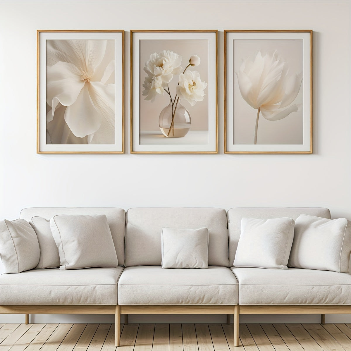 3 white peony flowers wall art prints for modern neutral decor in any room, unframed.