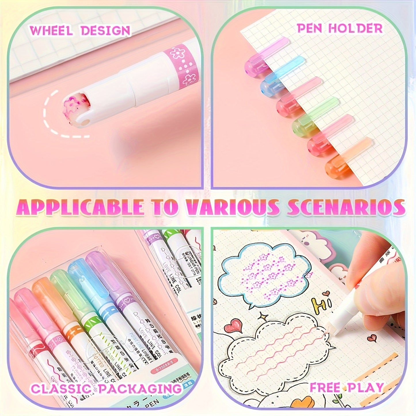 6pcs Quick-Dry Curve Highlighters - Vibrant and Kawaii for School, Crafts & Gifts