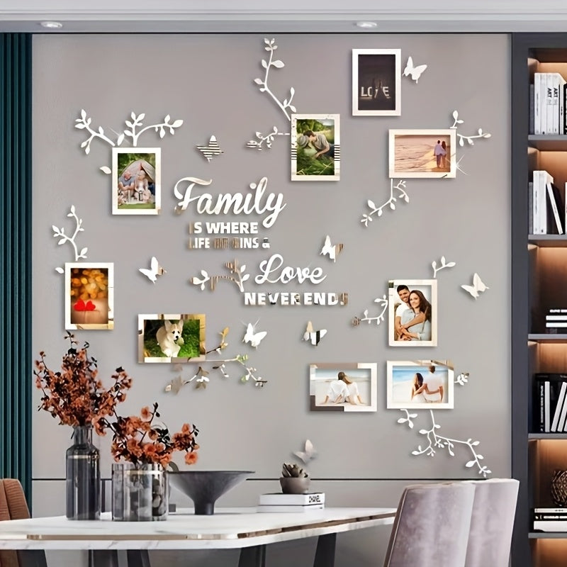 A puzzle sticker set with flower branches, butterflies, and 9 photo frames for DIY wall decoration in various spaces.