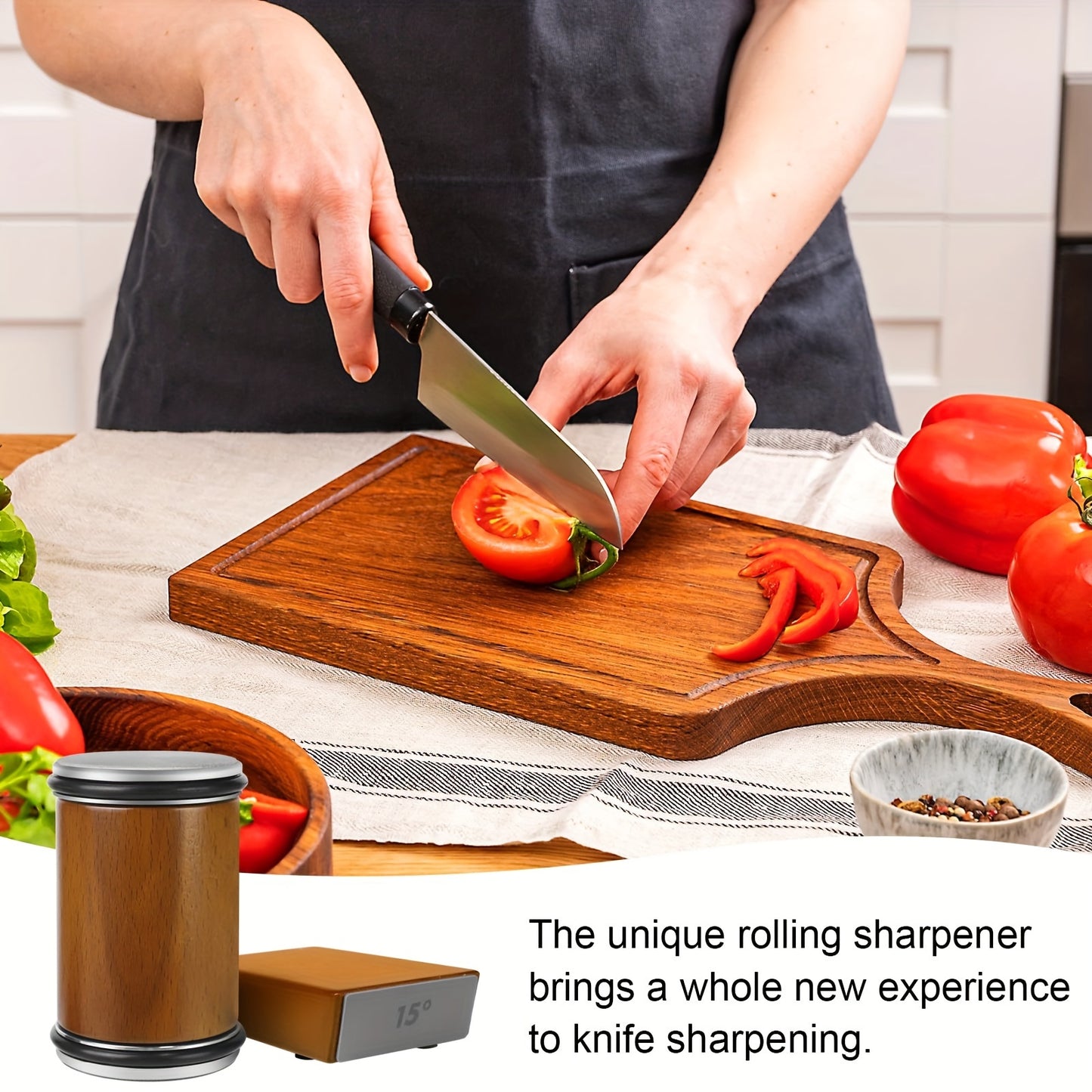 Rolling knife sharpener kit with diamond for any hardness of steel and magnetic angle technology with 15° and 20° angles, set for kitchen knives.