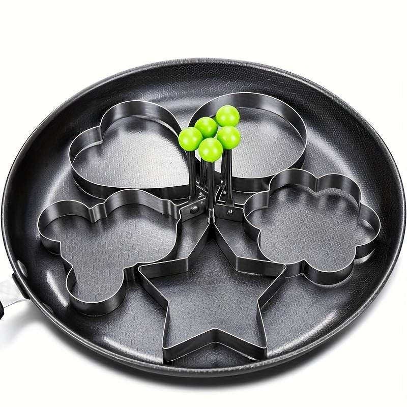 Enhance your cooking experience with this set of five stainless steel egg molds. These thickened, non-stick molds are perfect for frying and poaching eggs, and are designed with heart shapes and rice balls to bring a fun touch to your creative dishes.