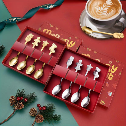 Set of 4 Christmas-themed stainless steel spoons, perfect for stirring, coffee, tea, and dessert. Comes in a festive Christmas gift box, great for party table decoration. Ideal for use during Christmas, in the kitchen, or in restaurants. Also suitable