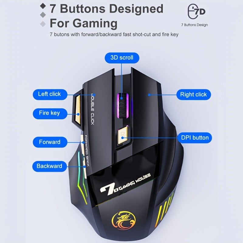 MCPIWOHY Gaming Mouse: 2.4G Wireless, RGB Light, 7 Buttons, Rechargeable Battery, Type-C Charging, 7200 DPI, Right-Handed, Windows 10, LaptopWireless.