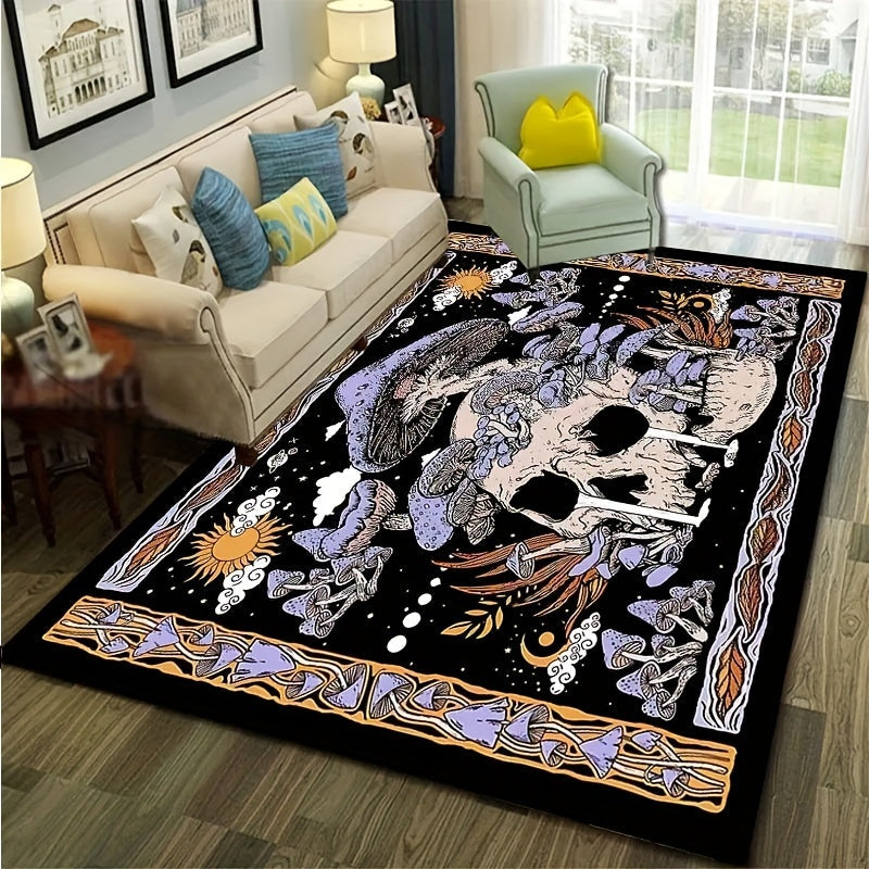 Non-Slip Door Mat with Skull & Mushroom Pattern - Easy to Clean in Washing Machine, Ideal for Adding Style to Living Room, Bedroom, Bathroom, and Entryway