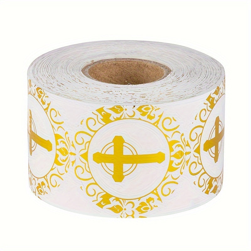 500 gold-plated Christian prayer stickers with circular crosses for sealing envelopes and office labels.