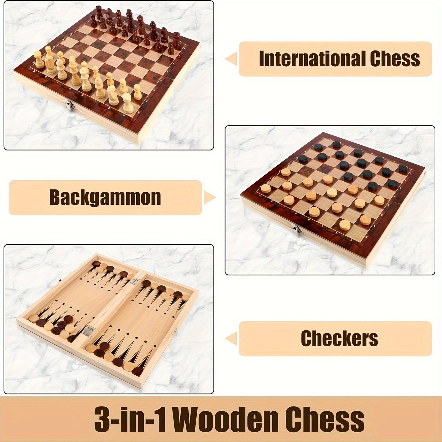 Wooden 3-in-1 strategy game set includes Chess, Checkers, and Backgammon. Suitable for adults and teens 14+. Portable and foldable board with pieces for travel.