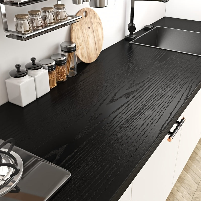 Transform your space with 1 roll of rustic retro black simulated wood grain oil-proof stickers. This white self-adhesive removable contact paper is perfect for updating your kitchen countertops, cabinet doors, desk desktops, shoe cabinet doors, and other