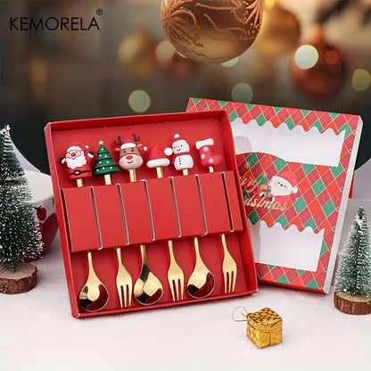 KEMORELA 4/6pcs Stainless Steel Mini Fork and Spoon Set with Q Version Cartoon Design for Christmas and Halloween festivities. Perfect holiday gift.