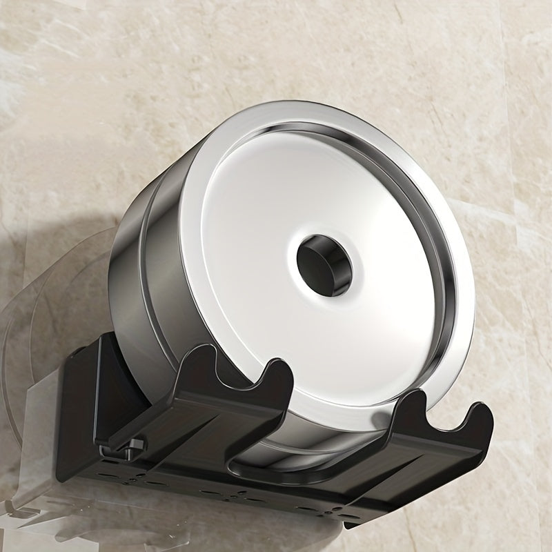 Wall-mounted bracket for hair dryers, no drilling required for bathroom shelves, serves as storage rack.