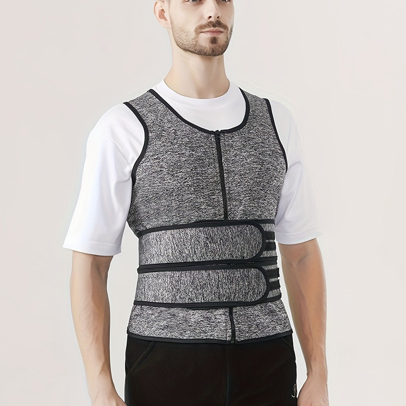 Men's Slimming Body Shaper Vest with Waist Trimmers and Zipper. Neoprene-Nylon blend, Tummy Control for Fitness. Breathable knit fabric, All-Season Wear, Waist Trainer.