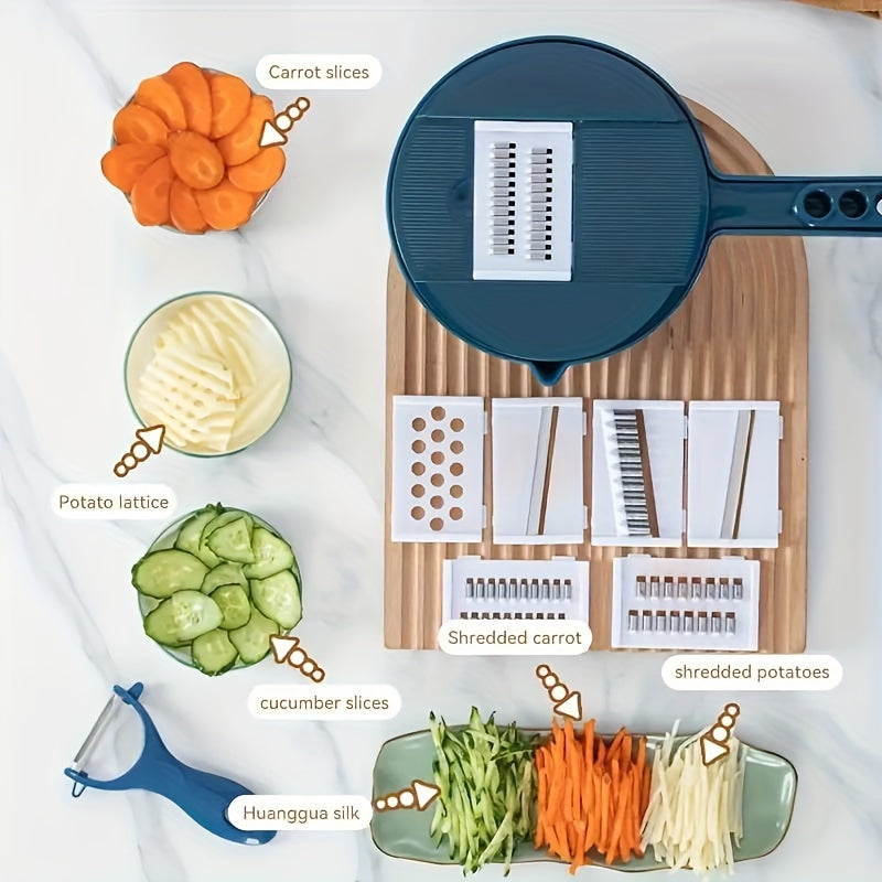 12-in-1 multi-functional vegetable chopper for easy cutting, shredding, slicing, and grating. Ideal for home, commercial kitchens, and hotels. Safe, scratch-resistant, and manual operation.