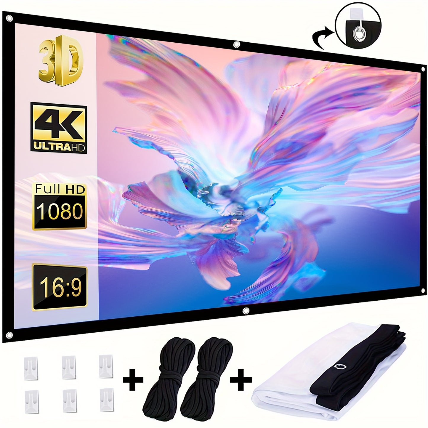 TUOGTCI 72-Inch portable projection screen with dual-sided, foldable design and 4K Ultra HD & 3D support, ideal for home theater, parties, and office use.