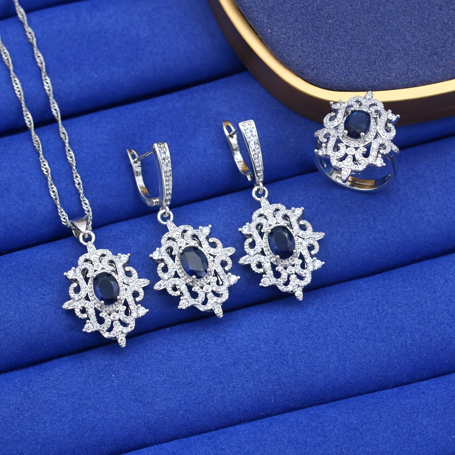 Stylish Women's Jewelry Set - Classic Necklace, Ring, Earrings & Bracelet with White Gold Plating - Ideal Present for Mom, Wife, Sister, or Best Friend for Birthdays & Anniversaries