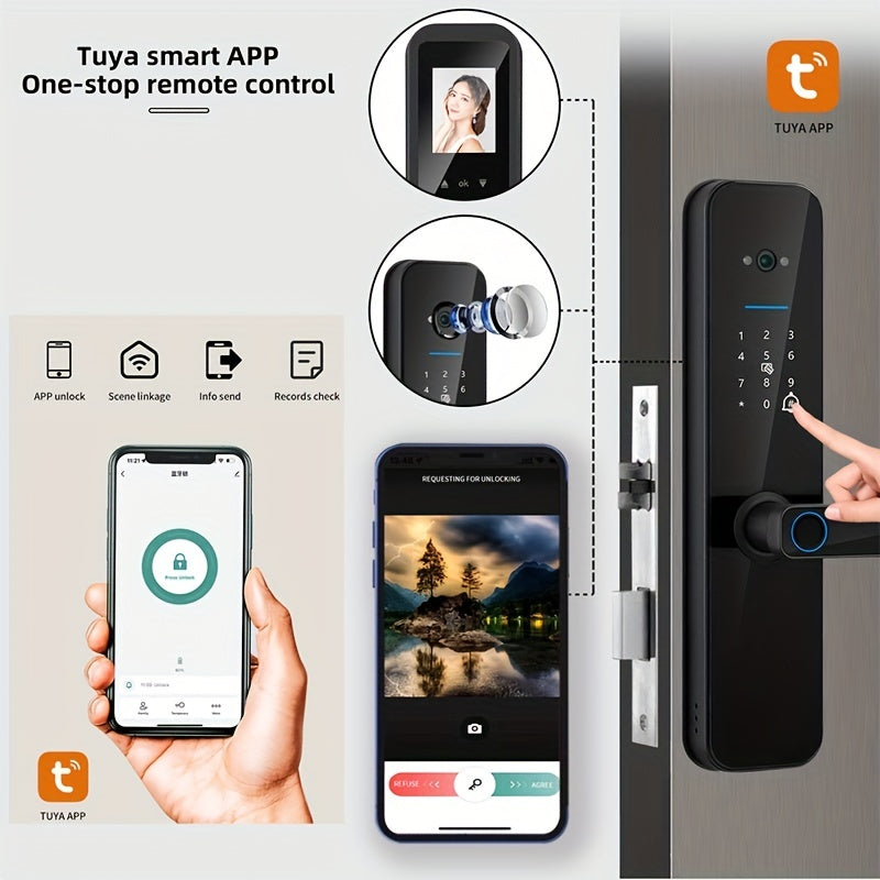 Smart door lock with biometric camera, fingerprint, smart card, password, and key unlock.