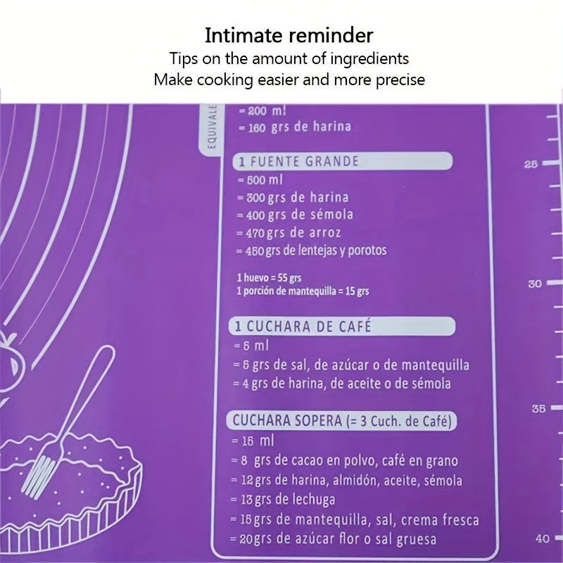 One piece of baking mat with measurements for rolling pastry dough, non-stick table sheet for baking supplies, perfect for rolling out pizza dough or cake batter in the kitchen.