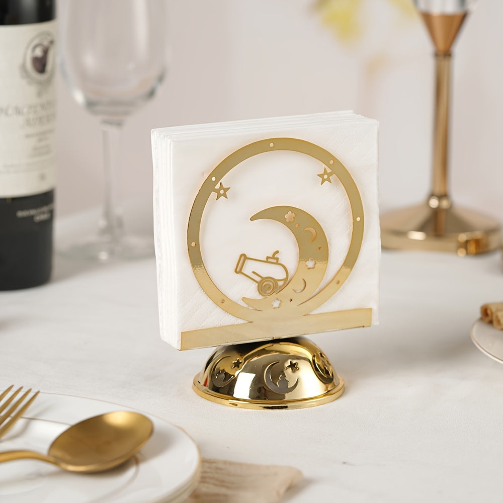 Elevate Your Dining Table Decor with a Stunning Seasonal Napkin Holder Featuring a Crescent Moon Design in Gold Plated Metal - A Sophisticated Standing Tissue Dispenser Ideal for Celebrating Christmas, Halloween, Easter, Hanukkah, and Thanksgiving